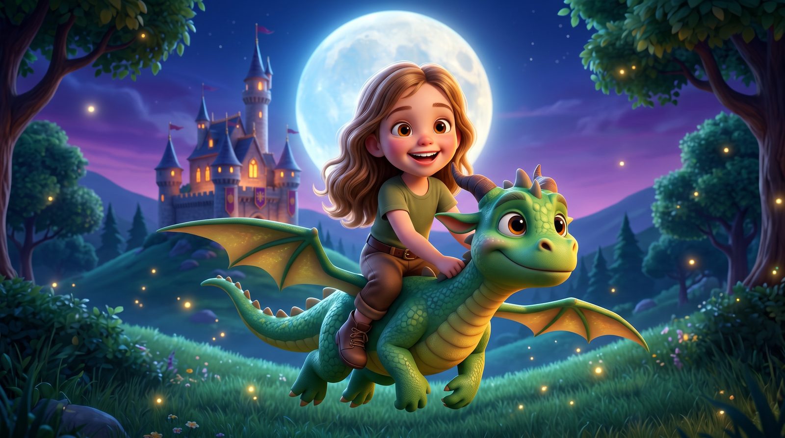 Scène d'un dessin animé Herobea : la petite fille de la photo, devenue l'héroïne, s'envole sur le dos d'un dragon