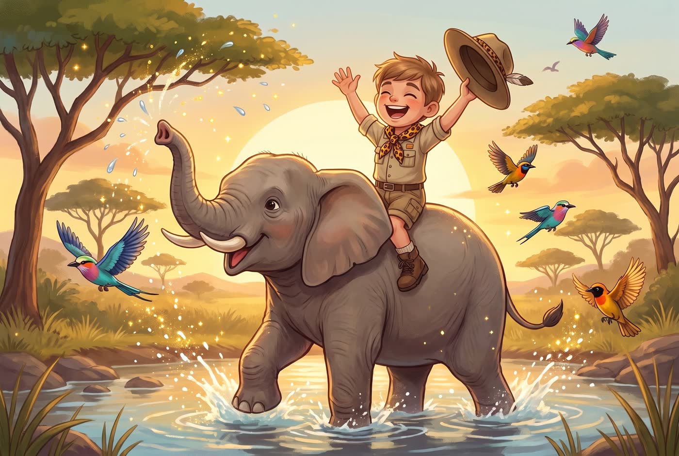 Scène d'un conte Herobea : le héros traverse une rivière sur le dos d'un éléphant